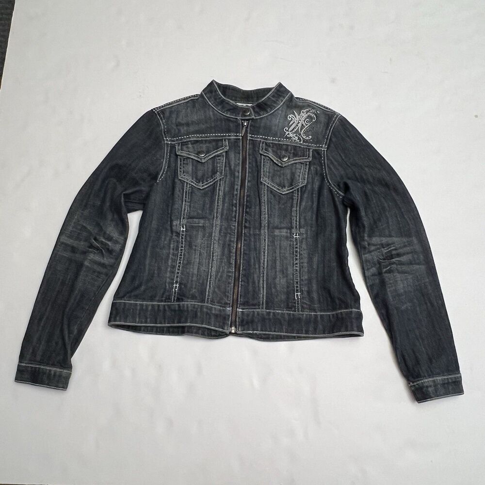 Harley Davidson Y2K Rhinestone Studded Embroidered Zip Denim Jacket Large